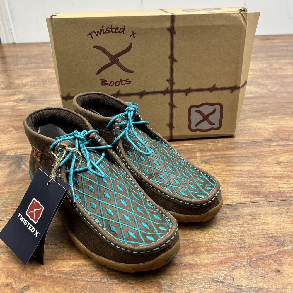 Twisted X Women‎ Chukka Driving Moccasin Brown Turquoise Diamond Pattern 7 M